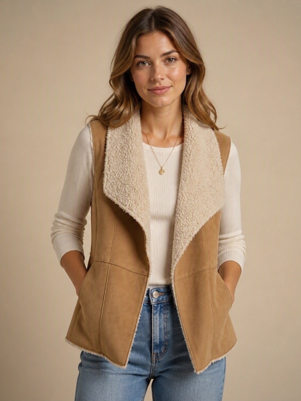 Talbots Tan Sherpa Vest M Fall Cozy Old Money Western Indie Neutral Layering Y2K